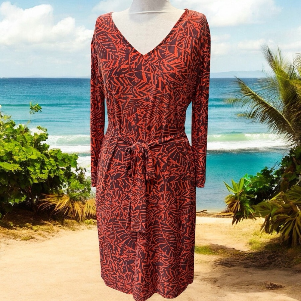 Iolani Dress Floral Leaves Sz Small Orange Long Sleeve Waist Tie Made In Hawaii